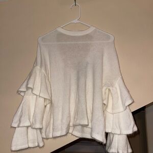 Boutique Cream Ruffle Sweater with Partially Open Back